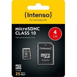 Intenso microSDHC Card 4GB, Class 10 (R) 25MB/s, (W) 10MB/s, SD-Adapter, Retail-Blister