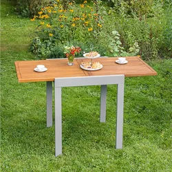 Gardenson Balkontisch , Naturfarben, Silberfarben , Holz, Metall , Akazie , massiv , 65-130x75x65 cm , ausziehbar , Gartenmöbel, Gartentische, Balkontische
