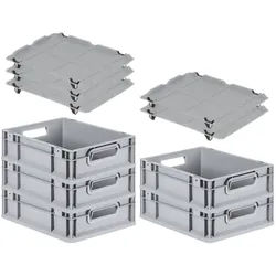 PROREGAL SparSet 5x Eurobox NextGen Grip mit Auflagedeckel & 4 schwarzen Verschlüssen, HxBxT 12x30x40cm, 11L, Grau, Griffe offen, Eurobehälter