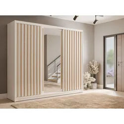 Raumhirsch Furniture Kleiderschrank Garderobenschrank, Schwebetürenschrank, Schrank mit Spiegel (Maße: 248 x 62 x 215 cm, Front mit 18 Lamellen) Loft Stil, Kleiderstange, Einlegeböden, viel Stauraum weiß 248 cm x 215 cm x 62 cm