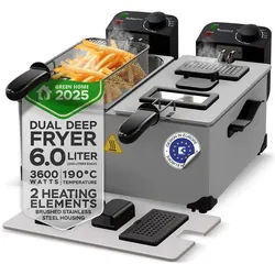 TurboTronic by Z-Line Kaltzonenfritteuse Doppel 3600W 6L 2x3L Kaltzone Edelstahl 0-190°C Sichtfenster, 3600 W, 2 getrennte Thermostate je 1kg Pommes pro Korb spülmaschinenfest silberfarben