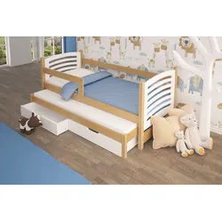 thematys Jugendbett Kinderbett mit abnehmbaren Rausfallschutz und zwei Schubladen 80x180cm (MADE IN EU-Inklusive Matratzen - für Jungen und Mädchen, in den Farben Rosa, Weiß, Blau, Grün, Orange und Natur), Kinderbett aus Kiefernholz und bunten MDF Platten weiß