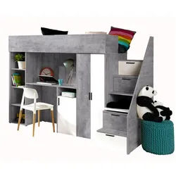 Abiks Möbel Hochbett mit Schreibtisch 90/200 cm , Grau, Weiß , Holz , Nachbildung , 13 Fächer , 90x200 cm , Babymöbel & Kindermöbel, Kinderzimmer & Jugendzimmer, Kinderbetten, Hochbetten