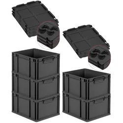 PROREGAL SparSet 5x Eurobox NextGen Color mit Auflagedeckel & Verschlüsse, HxBxT 22x30x40cm, 20L, Schwarz, Griffe schwarz zu, Eurobehälter