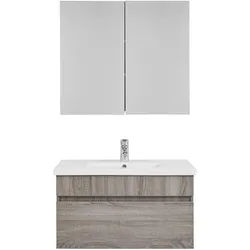 Badezimmer Isla Grau mit Waschbecken und Spiegelschrank