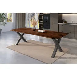 SAM® Baumkantentisch Niklas, massives Akazienholz, Baumkante, Metallgestell X-Form, bis 3m braun 240 cm x 77 cm x 100 cm