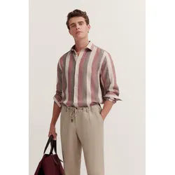 Langarmhemd BUGATTI, Herren, Gr. L, Normalgrößen, rot (980, bordeaux), 100% Leinen, gestreift, regular fit, eckige 2-Knopf-Manschette, Hemden, mit Blockstreifen