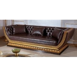 Casa Padrino Chesterfield-Sofa Luxus Barock Chesterfield Sofa Dunkelbraun / Gold - Prunkvolles Wohnzimmer Sofa mit edlem Kunstleder - Barock Chesterfield Wohnzimmer Möbel