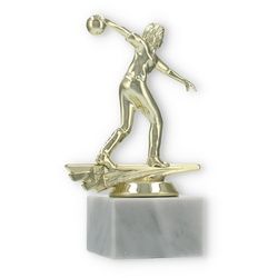 Pokal Kunststofffigur Bowling Damen gold auf weißem Marmorsockel 16,4cm