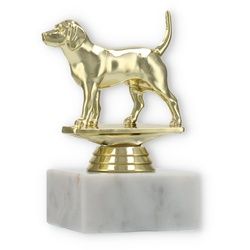 Pokal Kunststofffigur Beagle gold auf weißem Marmorsockel 11,6cm