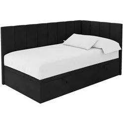 Altdecor Einzelbett Jugendbett mit Bettkasten Links, ohne Matratze - Lovy 80x200 Schwarz , Textil , Ottomane links,L-Form , 80x200 cm , Babymöbel & Kindermöbel, Kinderzimmer & Jugendzimmer, Kinderbetten, Kinderbetten & Jugendbetten