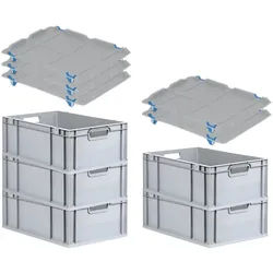 PROREGAL SparSet 5x Eurobox NextGen Grip mit Auflagedeckel & 4 blauen Verschlüssen, HxBxT 22x40x60cm, 44L, Grau, Griffe offen, Eurobehälter