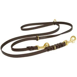 CopcoPet Hundeleine Fettlederleine Hundeleine geflochten dreifach verstellbar Messing, Leder braun 2,40 m x 18 mm