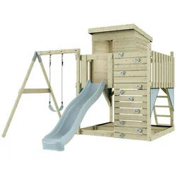 OutdoorToys Spielturm Alma, aus Holz in Eisblau mit Kinderschaukel & Rutsche, Kletterwand blau