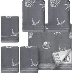 Handtuch Set DYCKHOFF "Seashell", grau, 6 Stk., Walkfrottee, Walkfrottee, Obermaterial: 100% Baumwolle, Handtuch-Sets, mit Muschelmuster; 4 Handtücher (50x100cm), 2 Duschtücher (70x140cm)