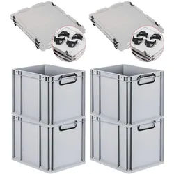 PROREGAL SuperSparSet 4x Eurobox NextGen Color mit Auflagedeckel & Verschlüsse, HxBxT 32x30x40cm, 30L, Grau, Griffe schwarz zu, Eurobehälter