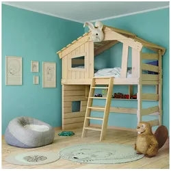 bibex Hochbett ALPIN CHALET Hochbett, Kinderbett, Etagenbett, Hausbett - natur 90x200