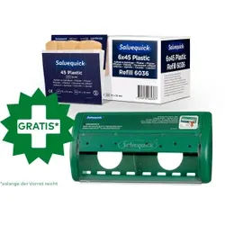 Cederroth Salvequick Plastic Pflaster + Pflasterspender, Wasserabweisende & elastische Wundpflaster mit passendem gratis Spender, 1 Set = 1 Box = 6 x 45 Stück + Spender (leer)