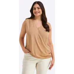 Blusentop SHEEGO, Damen, Gr. 50, beige (camel), 100% Polyester, unifarben, V-Ausschnitt, Blusen Blusentop