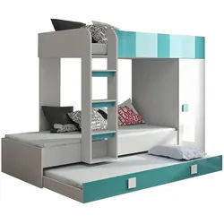 Feldmann-Wohnen Hochbett Toledo (3 Betten (1 Ausziehbett), mit Leiter, mit Kleiderschrank, 1-St., moderne Optik, Hochglanz Front, Griffe aus MDF) 90x200cm weiß / türkis weiß