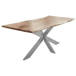 SAM® Baumkantentisch SilverS, massives Akazienholz, echte Baumkante, Metallgestell Spider-Form beige 160 cm x 77 cm x 85 cm