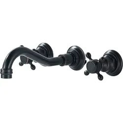 KLARWERK JULIAN | Vintage 3-Loch Badarmatur Wandmontage Schwarz matt | Küche Retro Edelstahl Wasserhahn Waschbecken | Antike 2-Griff Mischbatterie Wand Gastro