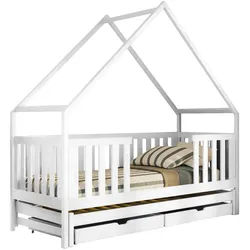 MIRJAN24 Kinderbett Magic (mit zwei Bettschubladen), zwei Schlaffläche, Lattenrost, Holzkonstruktion weiß 207 cm
