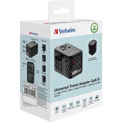 Verbatim Ladeadapter, Universal Travel, UTA-06, GaN III, 140W, schwarz 1x USB-A QC, 3x USB-C PD, 100-250V, Retail
