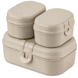 Koziol Lunchbox Set PASCAL READY MINI, 3-teilig, Robuste Frühstücksdosen mit sicherem Clipverschluss, 1 Set, Farbe: beige