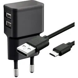 goobay Dual Ladeset 2,4 A, Netzteil mit 2x USB-Ausgang inklusive USB-Ladekabel, schwarz Micro-USB