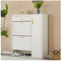 IDEASY Schuhschrank weiß, 95x24x107.5cm, Moderne Schuhkommode, Schuhregal (goldenen Griffen, 2 Schubladen und 3 Türen, Fasst 15 Paar Schuhe) Klappschuhschrank mit 1 offene Fach, verstellbaren Regalen weiß