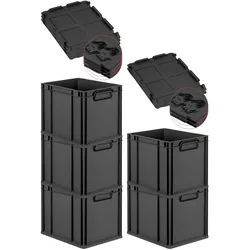 PROREGAL SuperSparSet 5x Eurobox NextGen Color mit Scharnierdeckel & Verschlüssen, HxBxT 32x30x40cm, 30L, Schwarz, Griffe schwarz zu, Eurobehälter