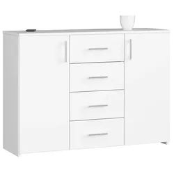 Raumhirsch Furniture Kommode mit 4 Schubladen, zwei Schranktüren, 110 cm breit Holz Schrank, Highboard / Kommode 110 cm, Sideboard Organizer für jeden Raum weiß