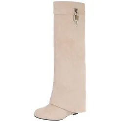 Ital-Design Elegante Überknie-Stiefel mit Komfort und modernem Design Keilstiefel (90458216) Keilabsatz/Wedge Stiefel in Beige beige 36 EU