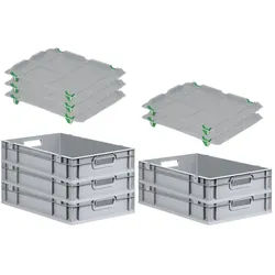 PROREGAL SparSet 5x Eurobox NextGen Grip mit Auflagedeckel & 4 grünen Verschlüssen, HxBxT 12x40x60cm, 23L, Grau, Griffe offen, Eurobehälter