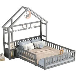 Okwish Hausbett 140/200 cm grau mit Geländer und Nachttisch , Grau , Holz , 140x200 cm , Babymöbel & Kindermöbel, Kinderzimmer & Jugendzimmer, Kinderbetten, Spielbetten
