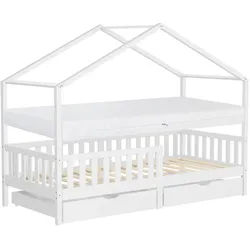 Ml-Design Hausbett mit Matratze 90x200 cm und 2 Schubladen Weiß aus Kiefernholz , Holz , Rechteckig , 90x200 cm , Babymöbel & Kindermöbel, Kinderzimmer & Jugendzimmer, Kinderbetten, Spielbetten