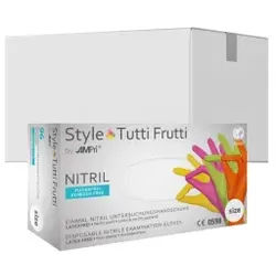 Style Tutti Frutti Nitrilhandschuhe, puderfrei, farbenmix, Unsterile Einmalhandschuhe mit Fingerspitzentexturierung, 1 Karton = 10 Packungen à 96 Stück, Größe XL