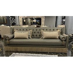 Casa Padrino Chesterfield-Sofa Luxus Art Deco Chesterfield Sofa Grau / Beige - Handgefertigtes Massivholz Wohnzimmer Sofa - Luxus Art Deco Chesterfield Wohnzimmer Möbel