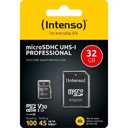 Intenso microSDHC Card 32GB, Professional, Class 10, U1 (R) 100MB/s, (W) 45MB/s, SD-Adapter, Retail-Blister