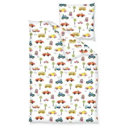 JACK Babybettwäsche 100x135cm Auto Feuerwehr Bus Bettwäsche, Renforcé, 2 teilig, Fahrzeuge, Autos in Aktion, Kinderbettwäsche bunt