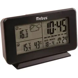 Funkwetterstation , Schwarz , Kunststoff , 13x8x4 cm , Weckfunktion, Wochentaganzeige, Kalenderanzeige , Dekoration, Uhren, Tischuhren