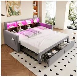 HAUSS SPOLE Schlafsofa 90x190cm Schlafsofa Polsterbett Tagesbett mit Schubladen und LED, mit LED-Kopfteil, Steckdosen & Schubladen, Ausziehbares Kinderbett 90/180x190 cm, ohne Matratze grau