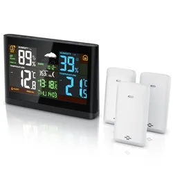 BEARWARE Wetterstation, Funk, Farbdisplay, 3 Außensensoren, DCF-Signal, Luftdruck, Barometer, Wetterprognose, Netzteil, Anleitung