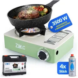ZMC Gaskocher Gaskocher 1 flammig 3500W mit 3-Brenner-System Inkl. 4x Gaskartuschen, (Campingkocher mit Transportkoffer & Piezo-Zündung, 4-St., kompakt & leicht 1,4 kg, Maße von 29 x 20 x 9 cm), Für Outdoor und indoor, Kocher für Camping & Garten