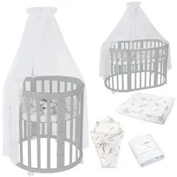 waldin Babybett Grey Oval 7in1 mit Matratze und Himmelset , Grau, Weiß , Textil , Echtholz,Buche , Oval , 73x125 cm , FSC 100% , Babymöbel & Kindermöbel, Babyzimmer, Babybetten, Gitterbetten