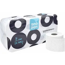 onobon Toilettenpapier 3-lagig, hochweiß, Hochwertiges WC-Papier aus 100% Recycling-Material, Kleinrollen, 1 Paket = 8 Packungen à 8 Rollen