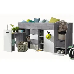 Abiks Möbel Hochbett mit Schreibtisch 90/200 cm , Grau, Weiß , Holz , Nachbildung , 10 Fächer , 4 Schubladen , 90x200 cm , Babymöbel & Kindermöbel, Kinderzimmer & Jugendzimmer, Kinderbetten, Hochbetten