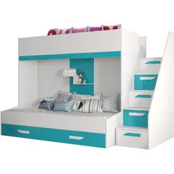 Abiks Möbel Etagenbett 90/200 cm , Weiß, Türkis , Holz , Nachbildung , 90x200 cm , Babymöbel & Kindermöbel, Kinderzimmer & Jugendzimmer, Stockbetten
