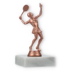 Pokal Kunststofffigur Tennisspielerin bronze auf weißem Marmorsockel 12,6cm